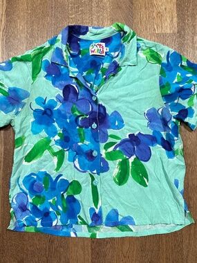 Vintage Jams World Wrinkled Rayon Floral Green Blue Hawaiian S/S Shirt Womens M